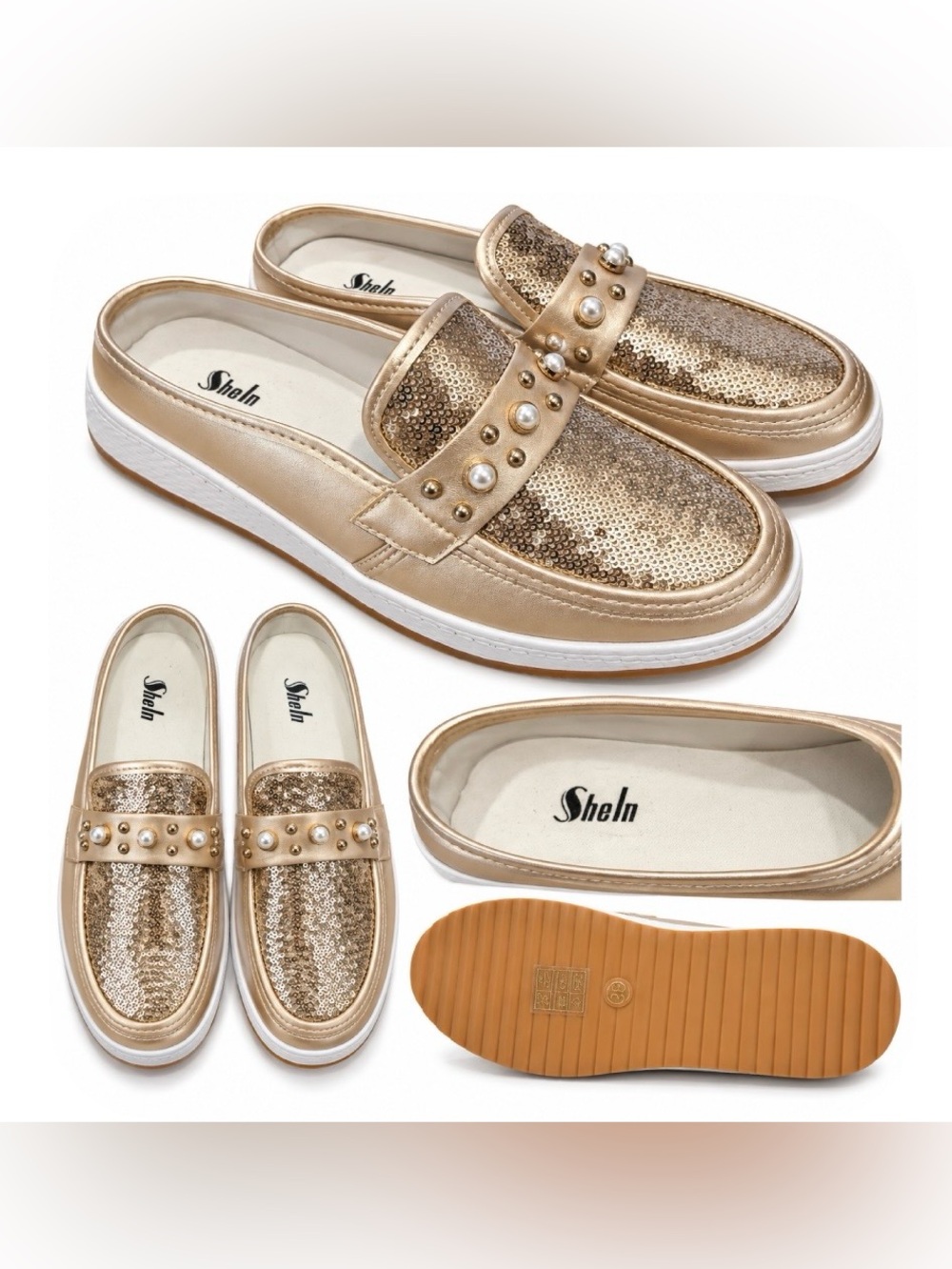 Gold Sequin Pearl Studded Platform Loafers Size 39 Us 8.5